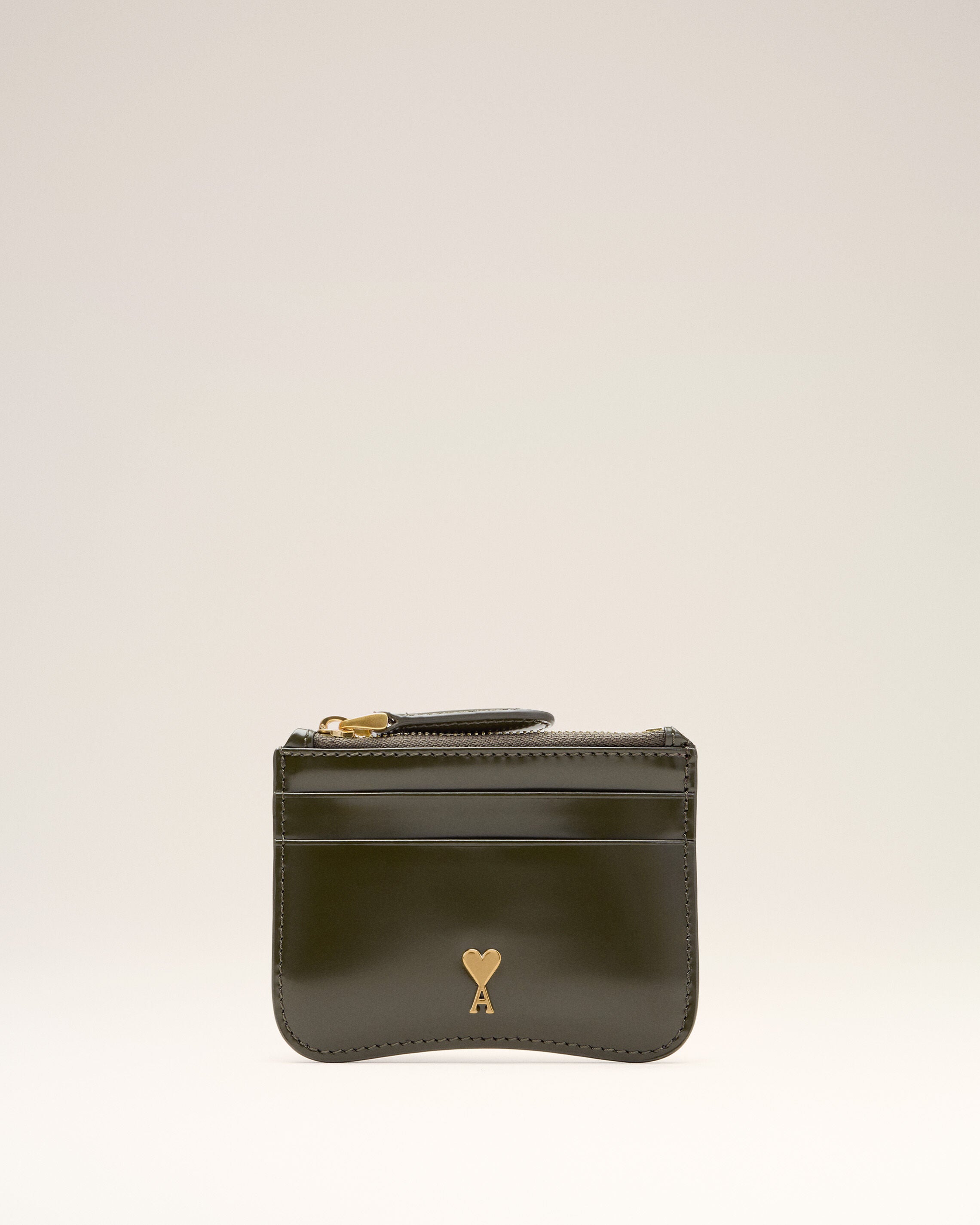 DARK KHAKI Green Cow Leather Paris Paris Zipped Card Holder | Ami Paris