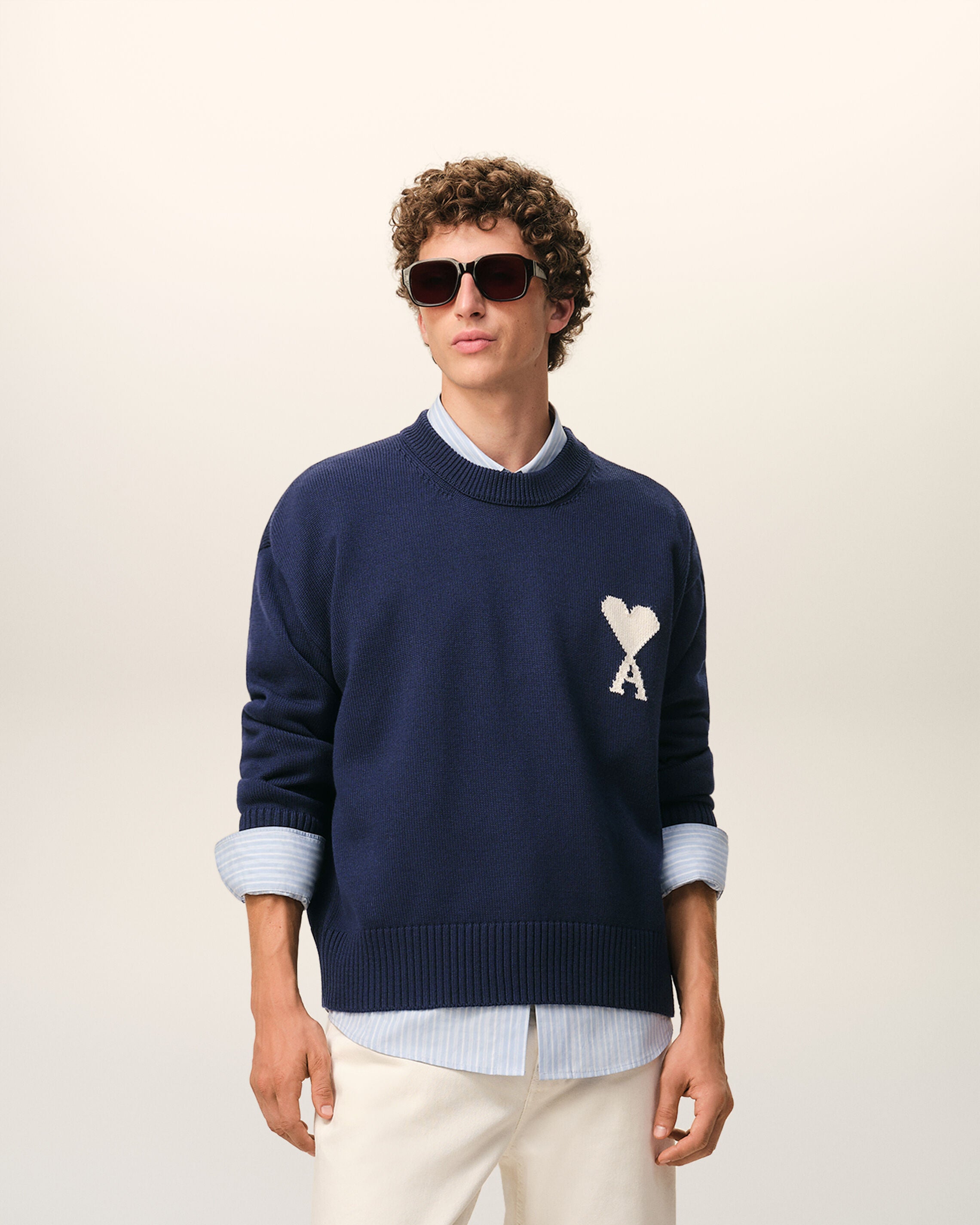 INK/OFF WHITE Blue Wool And Cotton Crewneck Ami De Coeur Sweater | Ami Paris