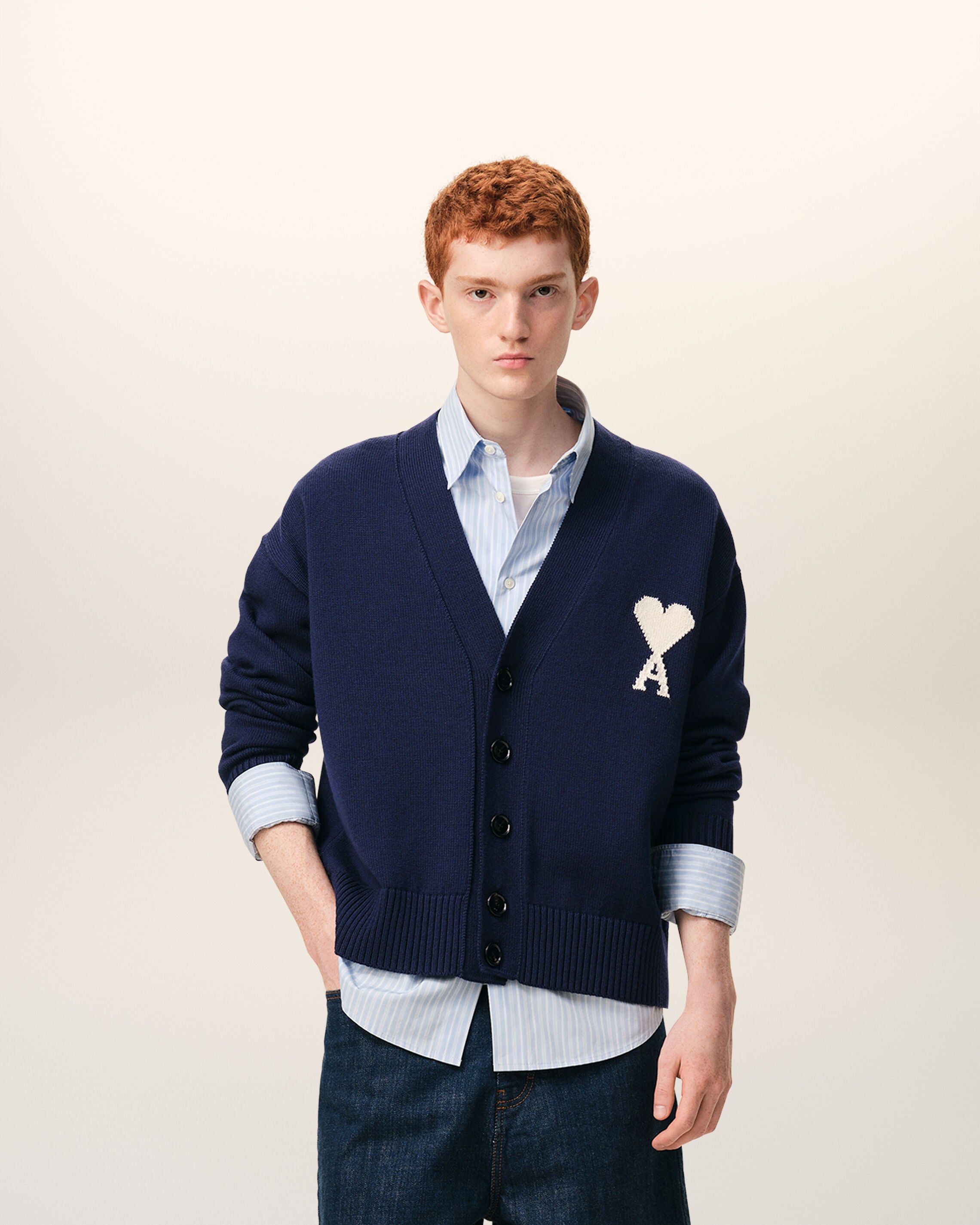 INK/OFF WHITE Blue Wool Ami De Coeur Cardigan | Ami Paris