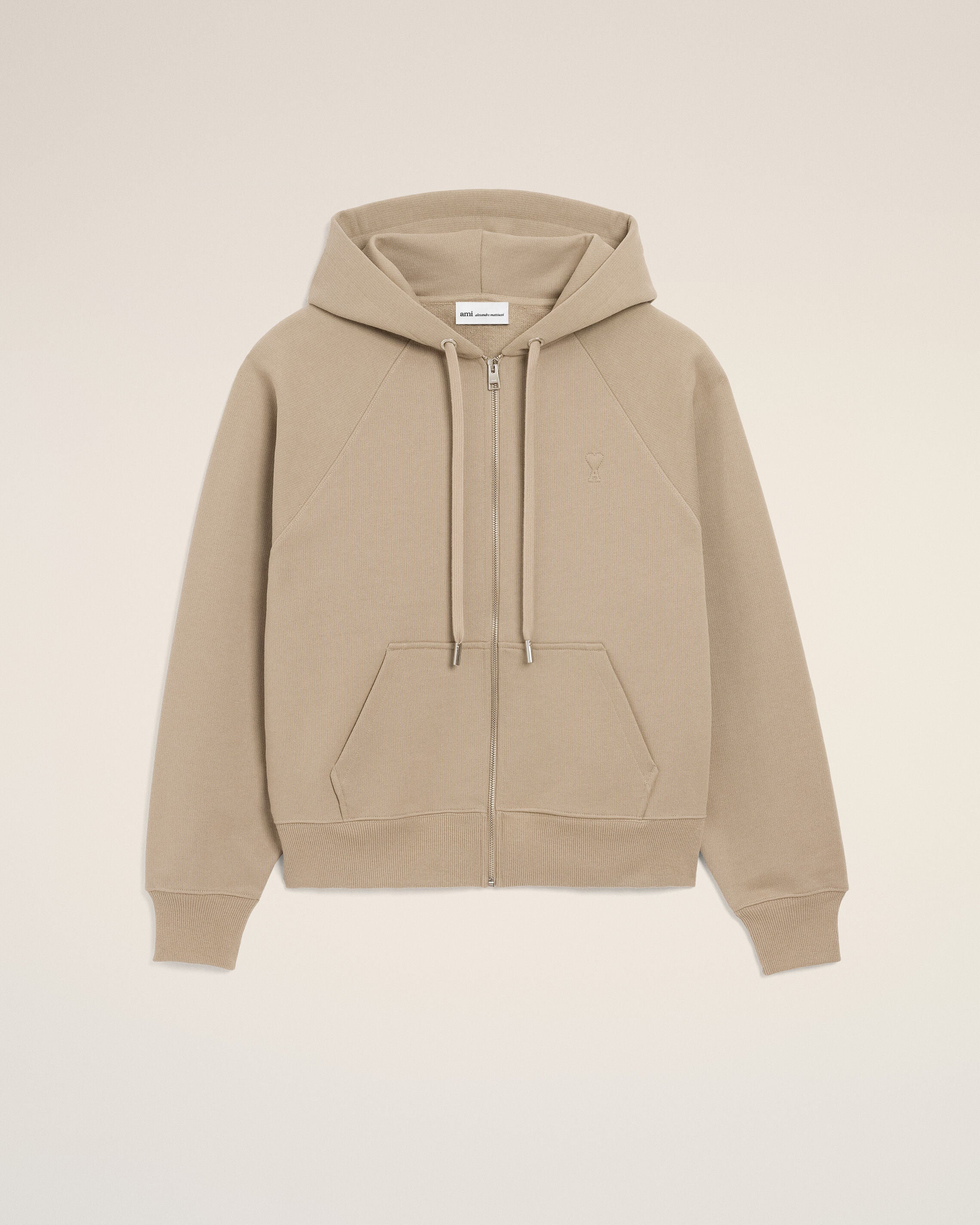 TAUPE BEIGE Beige Cotton Embossed Ami De Coeur Zipped Hoodie | Ami Paris
